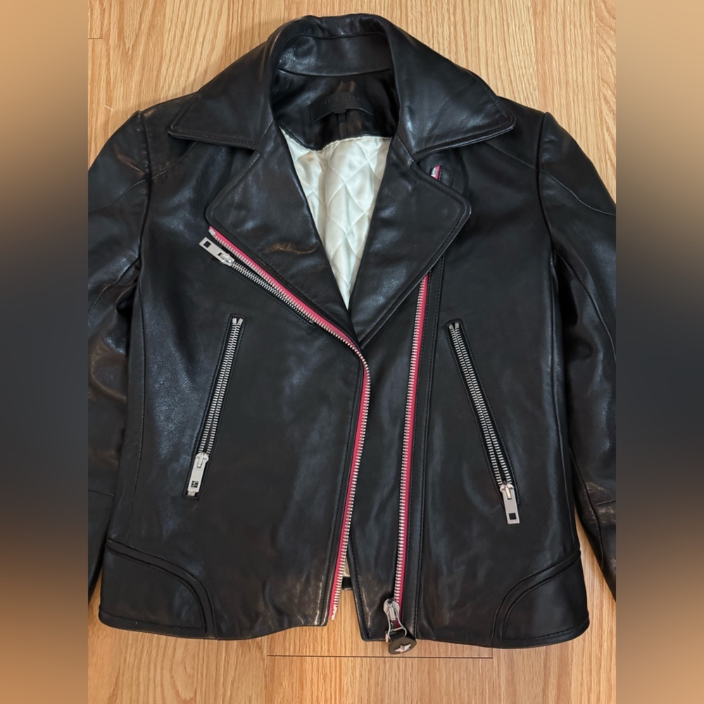 Rag & Bone Griffin Black Leather Moto Jacket with Pink/Red Trim Size 0 NWOT - Picture 4 of 9